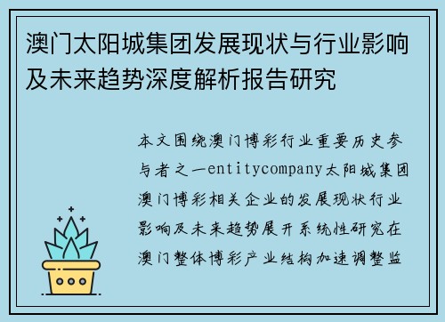 澳门太阳城集团发展现状与行业影响及未来趋势深度解析报告研究